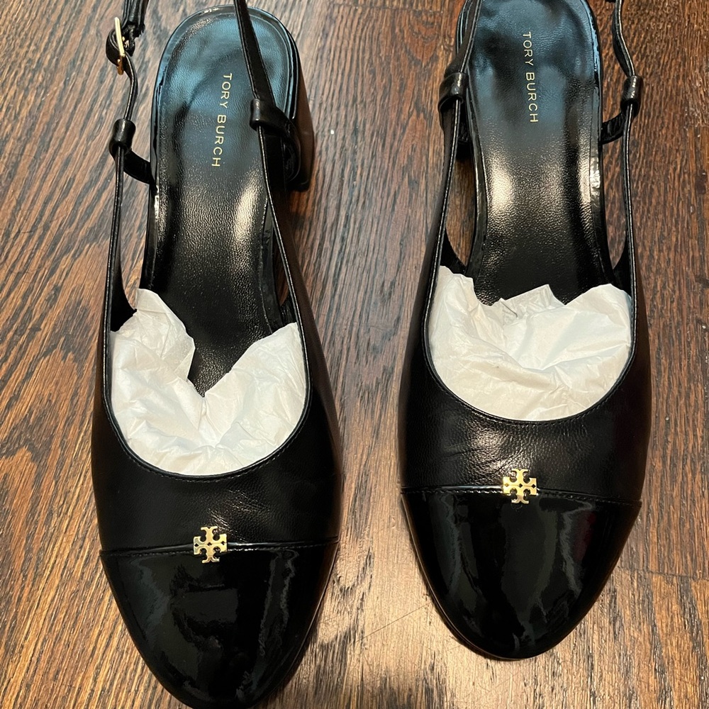 Tory Burch Black Patent Slingback Heels